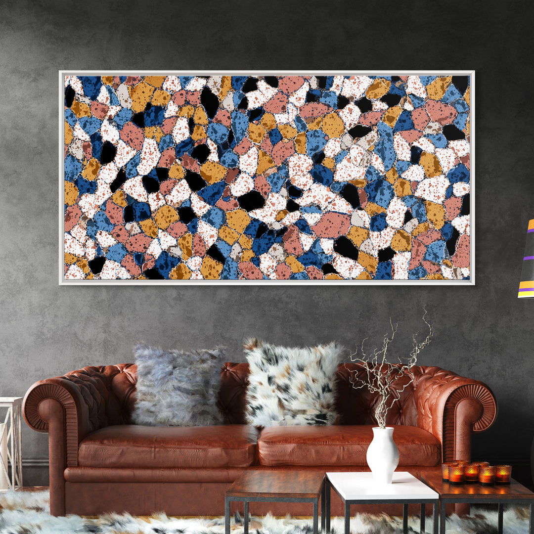 Speckled Blush Navy Terrazzo Mosaic Canvas Print, Modern Wall Art, Abstract Wall Art, Geometric Poster, Living Room Decor