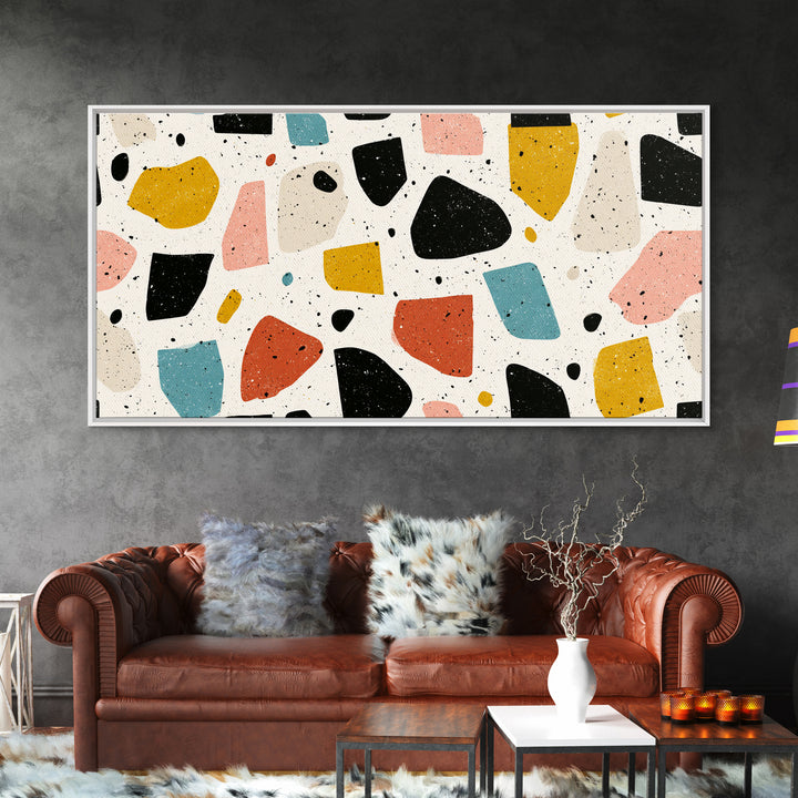 Minimal Cream Terrazzo Shapes Framed Canvas Print, Midcentury Modern, Geometric Wall Art, Abstract Print, Office Decor, Neutral Colors