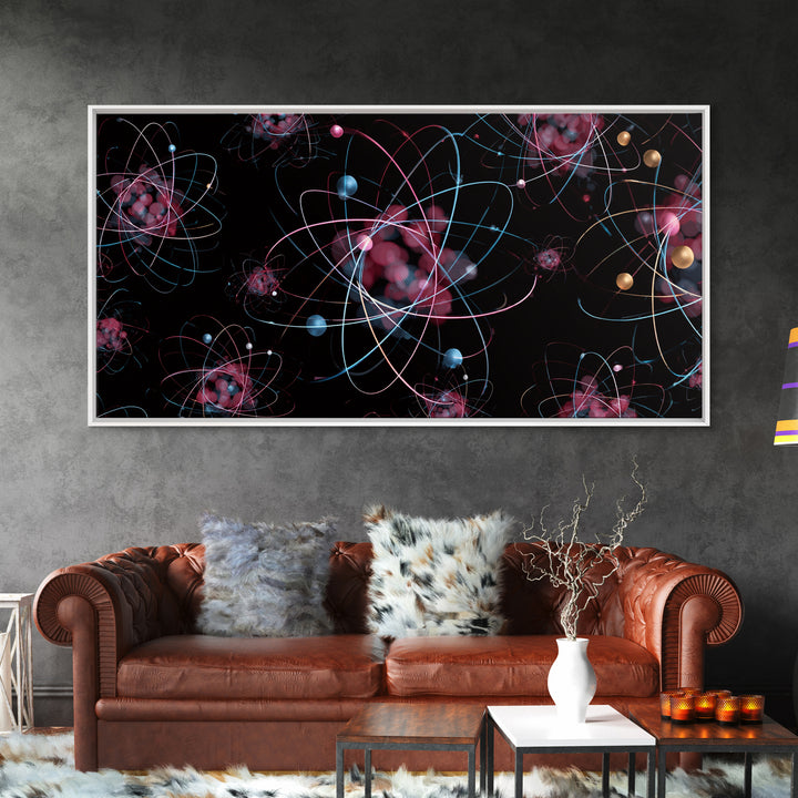 Glowing Pink Atomic Orbits On Black Wall Art, Midcentury Modern Abstract Print, Retro Space Decor, MCM Gallery Wall Home Decor