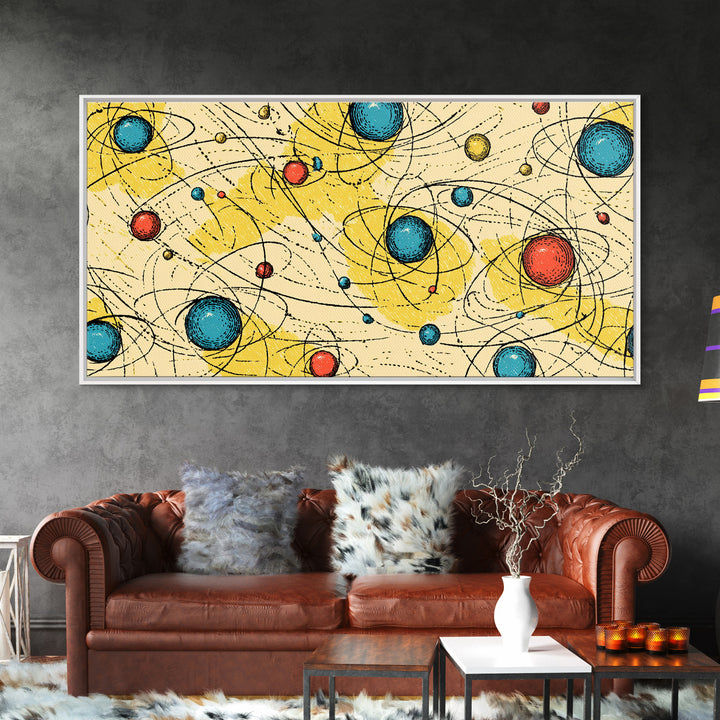 Yellow Blue Atomic Planets Wall Art, Midcentury Modern Abstract Print, Retro Space Poster, Geometric MCM Living Room Decor
