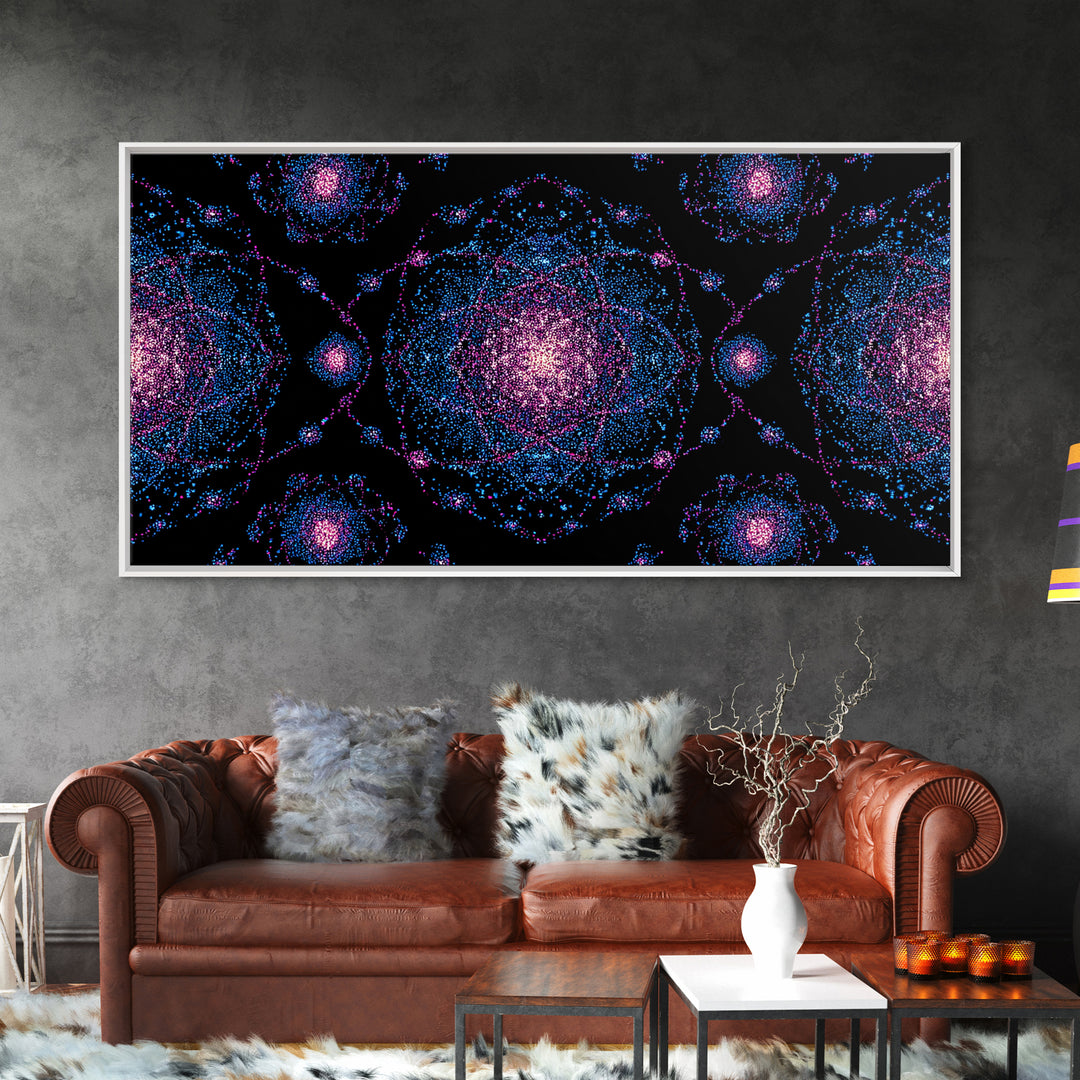 Pink Blue Particle Galaxies Canvas Print, Modern Abstract Wall Art, Cosmic Retro Poster, Space Decor, Colorful MCM Print