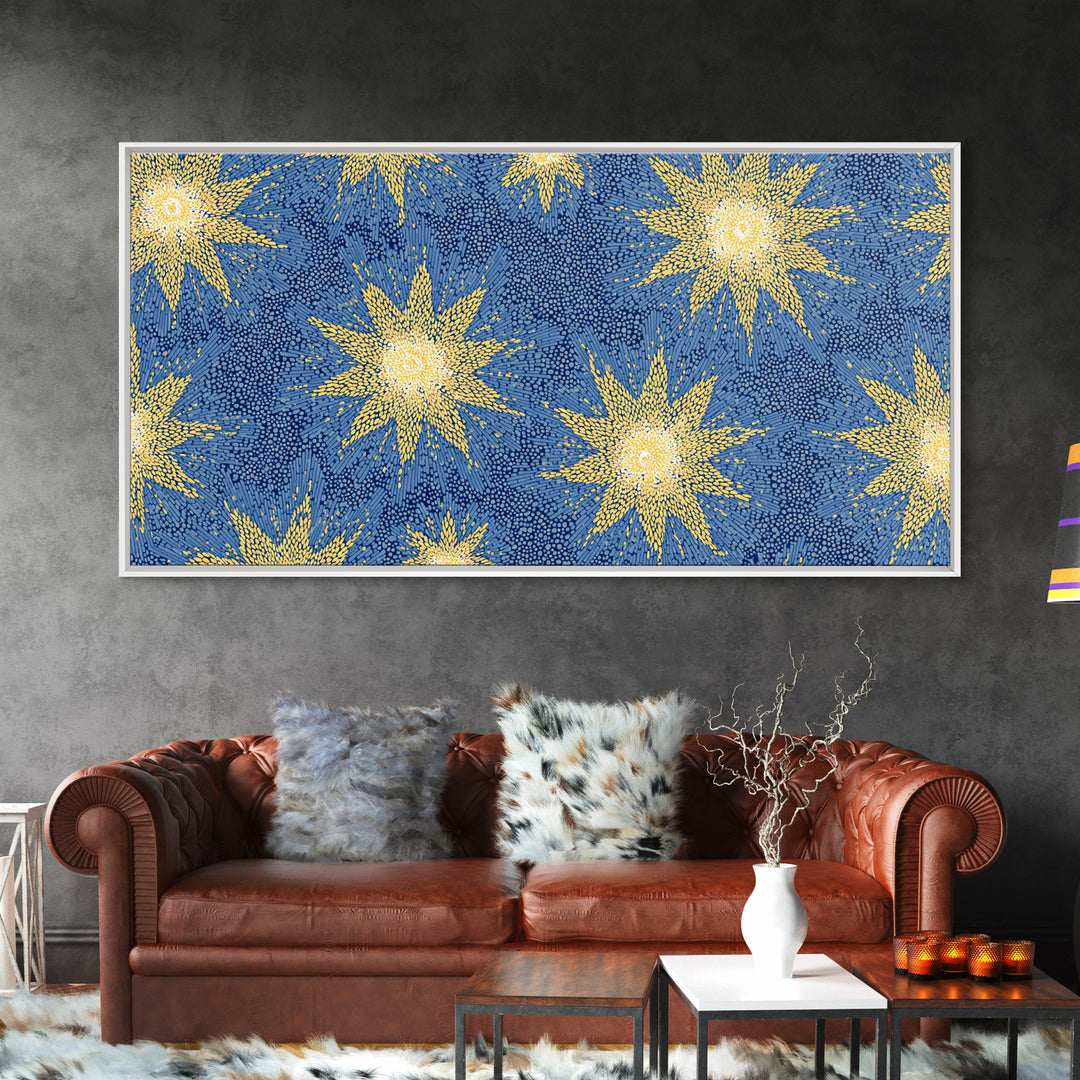 Blue Yellow Atomic Starbursts Canvas Print, Midcentury Modern Wall Art, Retro Space Decor, Bold MCM Gallery Wall Poster Print