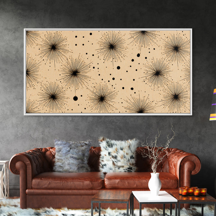 Black Atomic Starburst Dots Wall Art, Midcentury Modern Minimalist Canvas Print, Retro Geometric Decor, Neutral MCM Poster