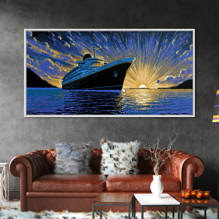 Dramatic Cruise Ship Sunset Canvas Print, Retro Travel Poster, Ocean Liner Wall Decor, Blue Gold Nautical Living Room Art