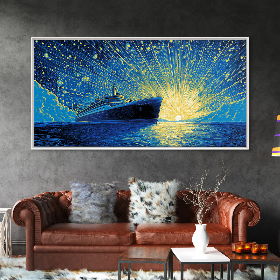 Blue Cruise Ship Sunrise Wall Art, Retro Ocean Liner Poster, Nautical Coastal Decor, Dramatic Sunset Print For Living Room