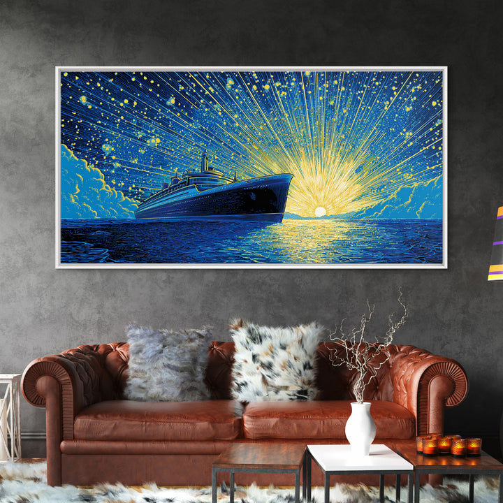 Blue Cruise Ship Sunrise Wall Art, Retro Ocean Liner Poster, Nautical Coastal Decor, Dramatic Sunset Print For Living Room