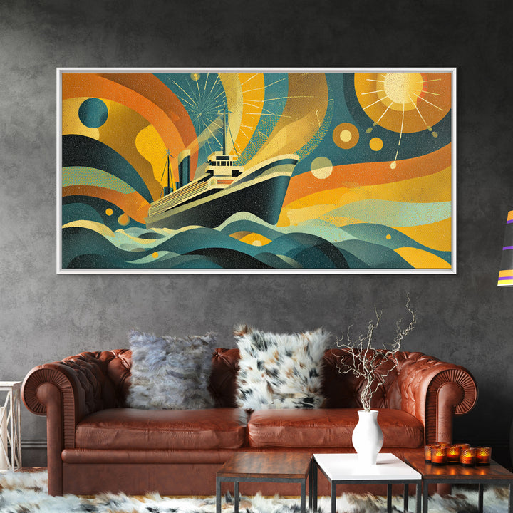 Midcentury Yacht At Sea Canvas Print, Abstract Sun Waves Wall Decor, Retro Modern Ocean Poster, Colorful Nautical Home Art
