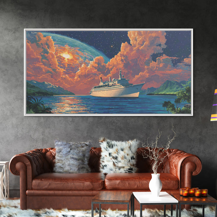 Tropical Cruise Ship Moonrise Wall Art, Dreamy Island Ocean Poster, Scenic Travel Print, Colorful Coastal Living Room Decor