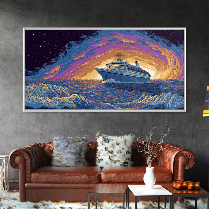 Starry Cruise Ship Vortex Canvas Print, Retro Futuristic Ocean Poster, Purple Orange Wave Wall Decor, Cosmic Nautical Art