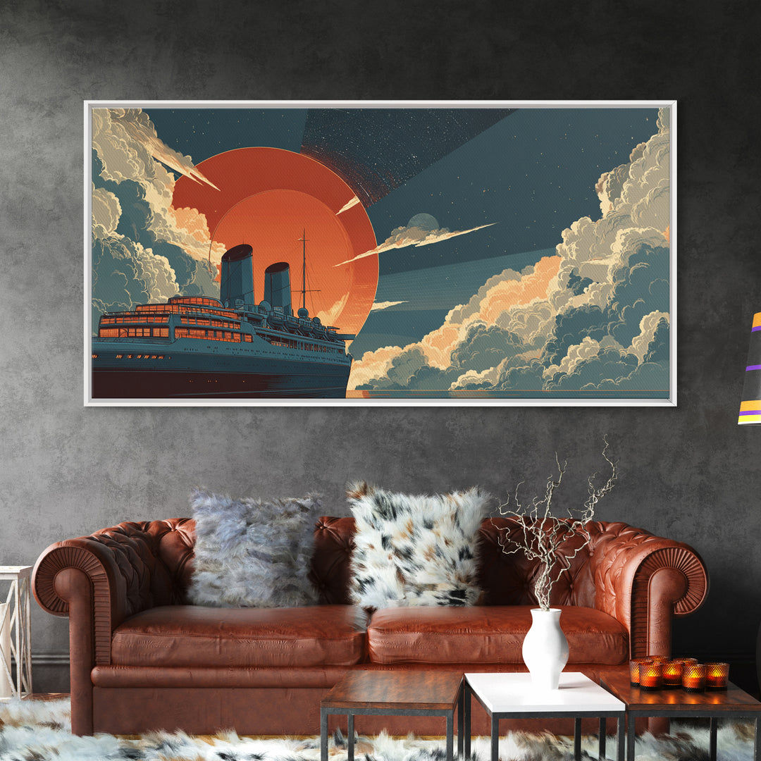 Ocean Liner Red Sun Wall Art, Retro Futuristic Steamship Poster, Art Deco Clouds, Nautical Travel Decor For Living Room Art