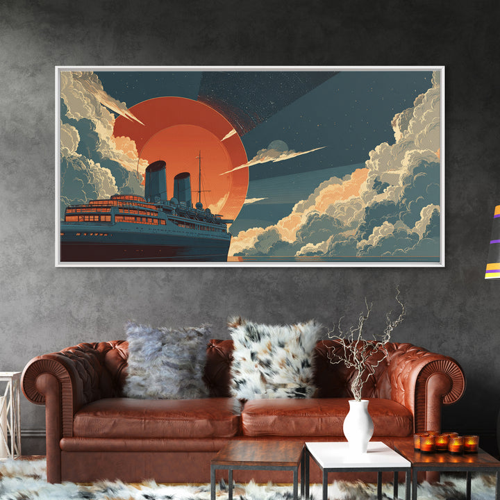 Ocean Liner Red Sun Wall Art, Retro Futuristic Steamship Poster, Art Deco Clouds, Nautical Travel Decor For Living Room Art
