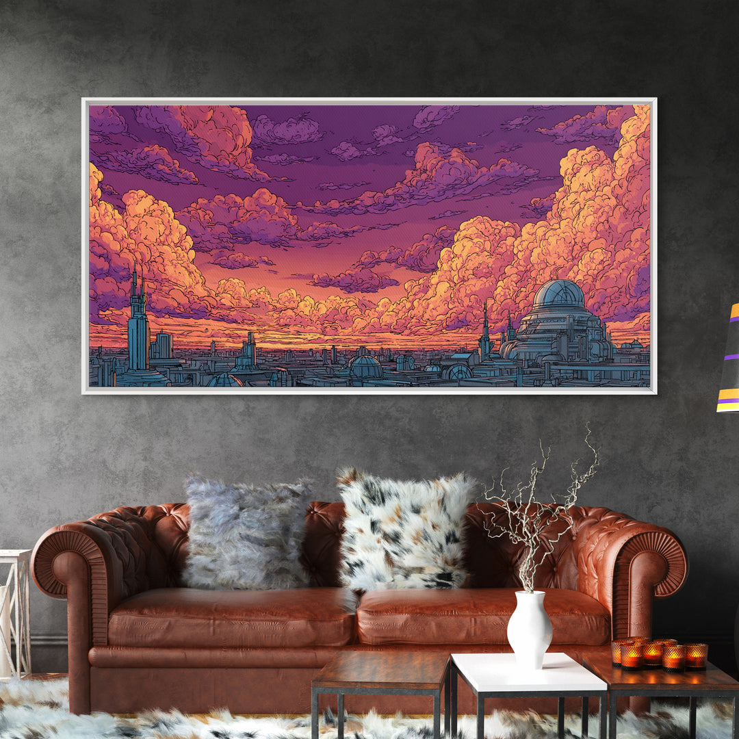 Purple Sunset City Skyline Canvas Print, Retro Futuristic Architecture Poster, Cloudscape Wall Decor, Modern Urban Home Art