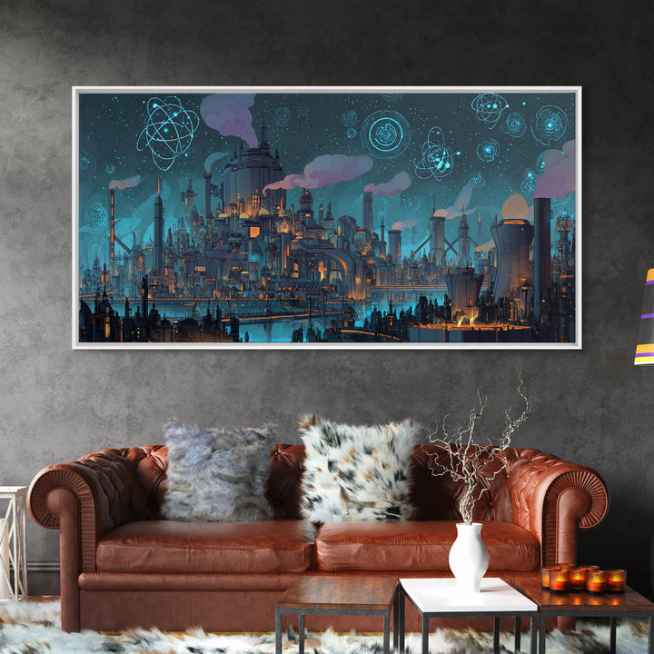 Teal Atomic Industrial Futuristic City Skyline Wall Art, Midcentury Modern Art Print, Retro Sci Fi Office Decor Poster Gift