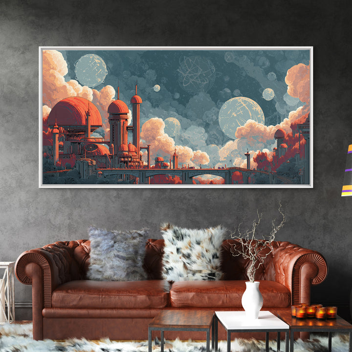 Coral Domed Retro Futurist Cloud City Canvas Print, Midcentury Modern Wall Art, Atomic Space Age Living Room Decor Poster Gift