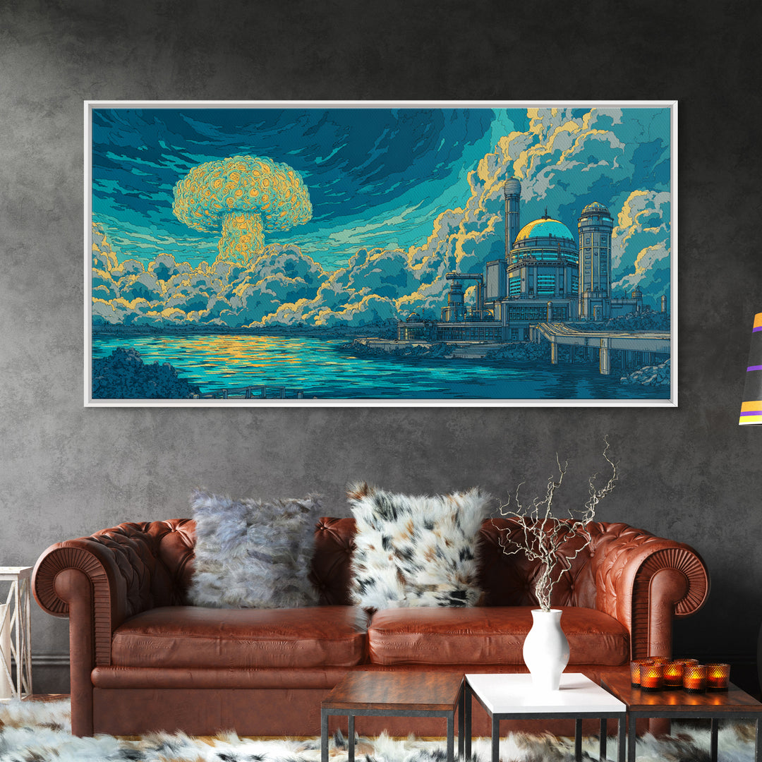 Mushroom Cloud Over Teal Ocean And Dome City Framed Canvas Print, Retro Sci Fi Wall Art, Atomic Midcentury Modern Decor Poster