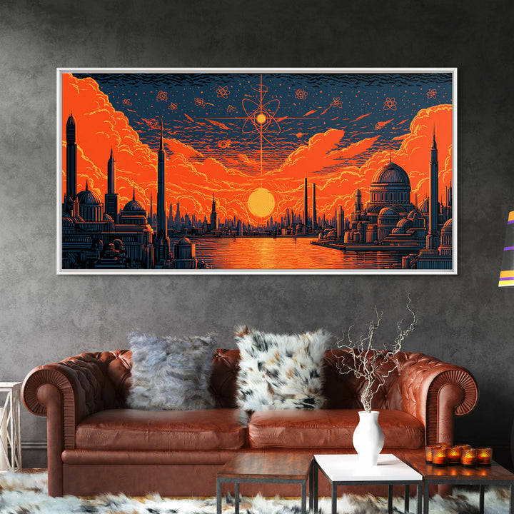 Orange Atomic Sunset Futuristic River Skyline Wall Art, Midcentury Modern Poster, Retro Sci Fi Cityscape Home Office Decor