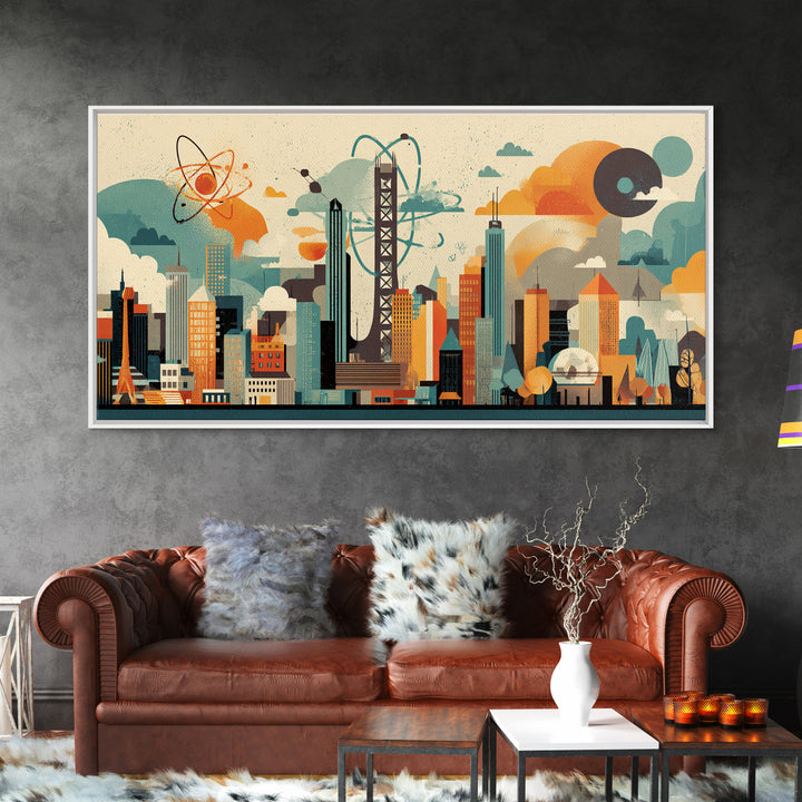Collage Atomic Bridge City Skyline Canvas Print, Midcentury Modern Wall Art, Geometric Retro Poster, Colorful Office Decor