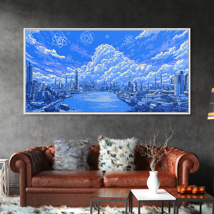 Blue Futuristic Harbor City With Atomic Clouds Wall Art, Modern Art Print, Midcentury Decor, Sci Fi Living Room Poster Gift