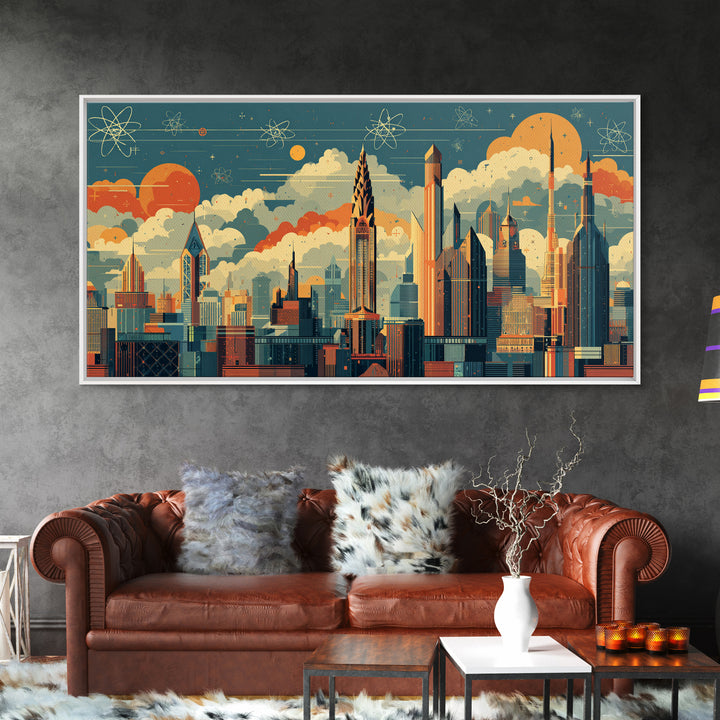 Retro Atomic Skyscraper City At Orange Sun Canvas Print, Midcentury Modern Wall Art, Space Age Skyline Office Decor Poster