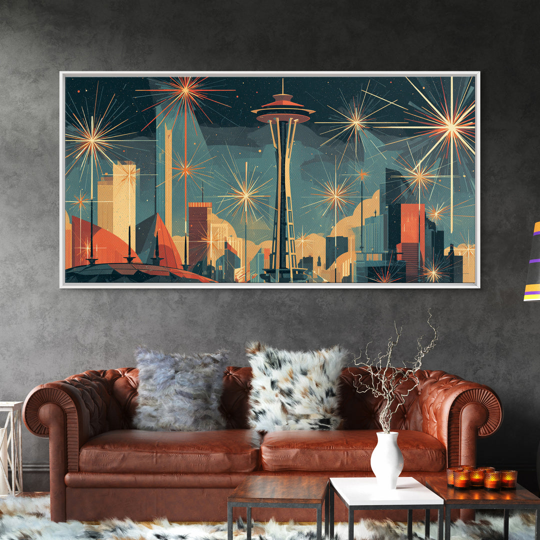 Seattle Space Needle Starburst Skyline Wall Art, Midcentury Modern Art Print, Retro Atomic Cityscape Office Decor Poster