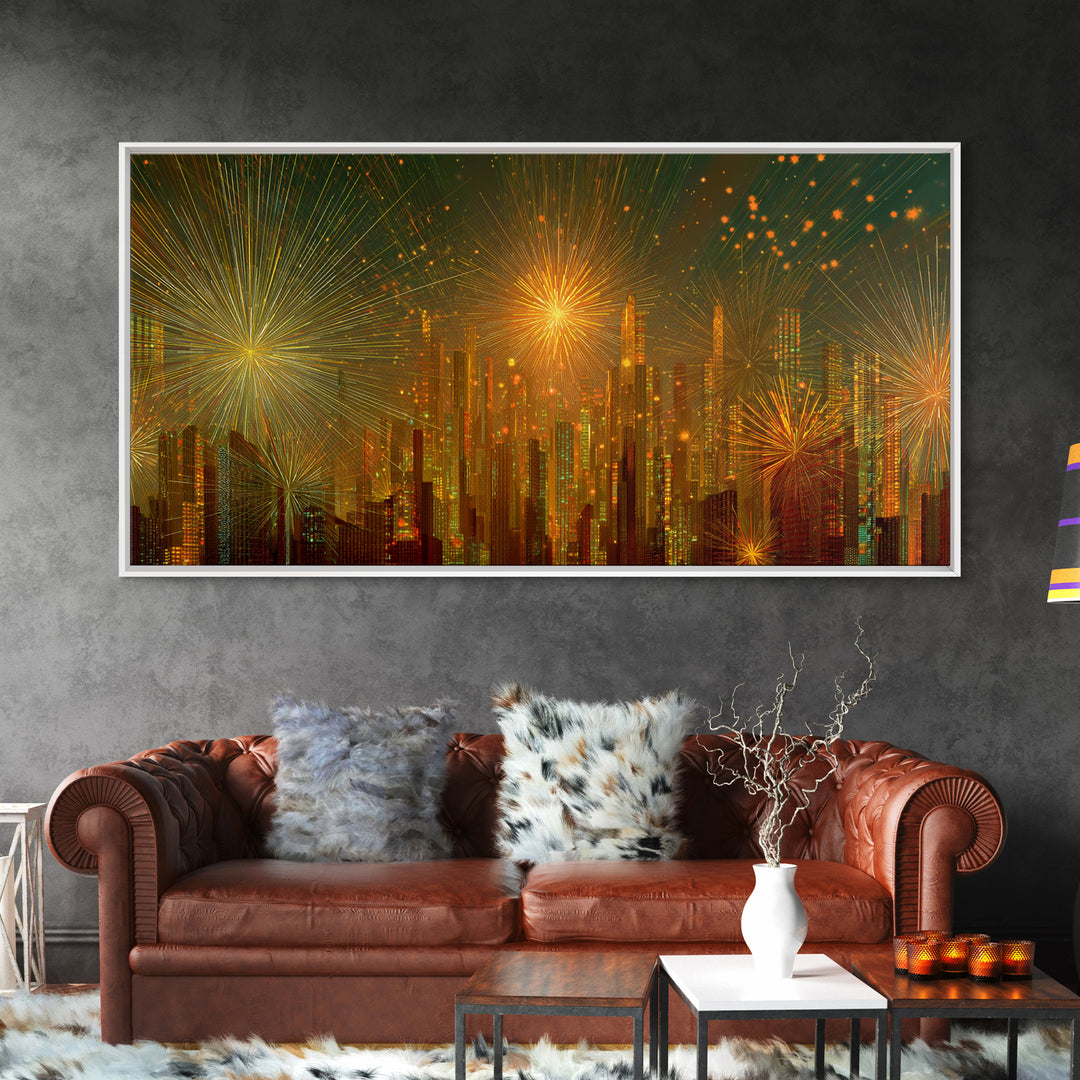 Golden Fireworks Futuristic City Skyline Framed Canvas Print, Modern Wall Art, Midcentury Retro Decor, Large Statement Poster