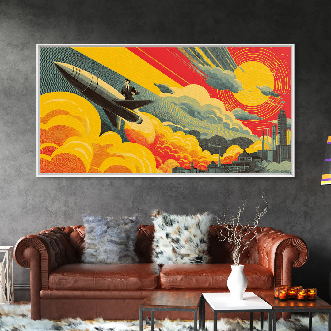 Rocket Commuter Cityscape Wall Art, Retro Futurism Poster, Midcentury Modern Decor, Atomic Space Age Office Print, Gift Idea