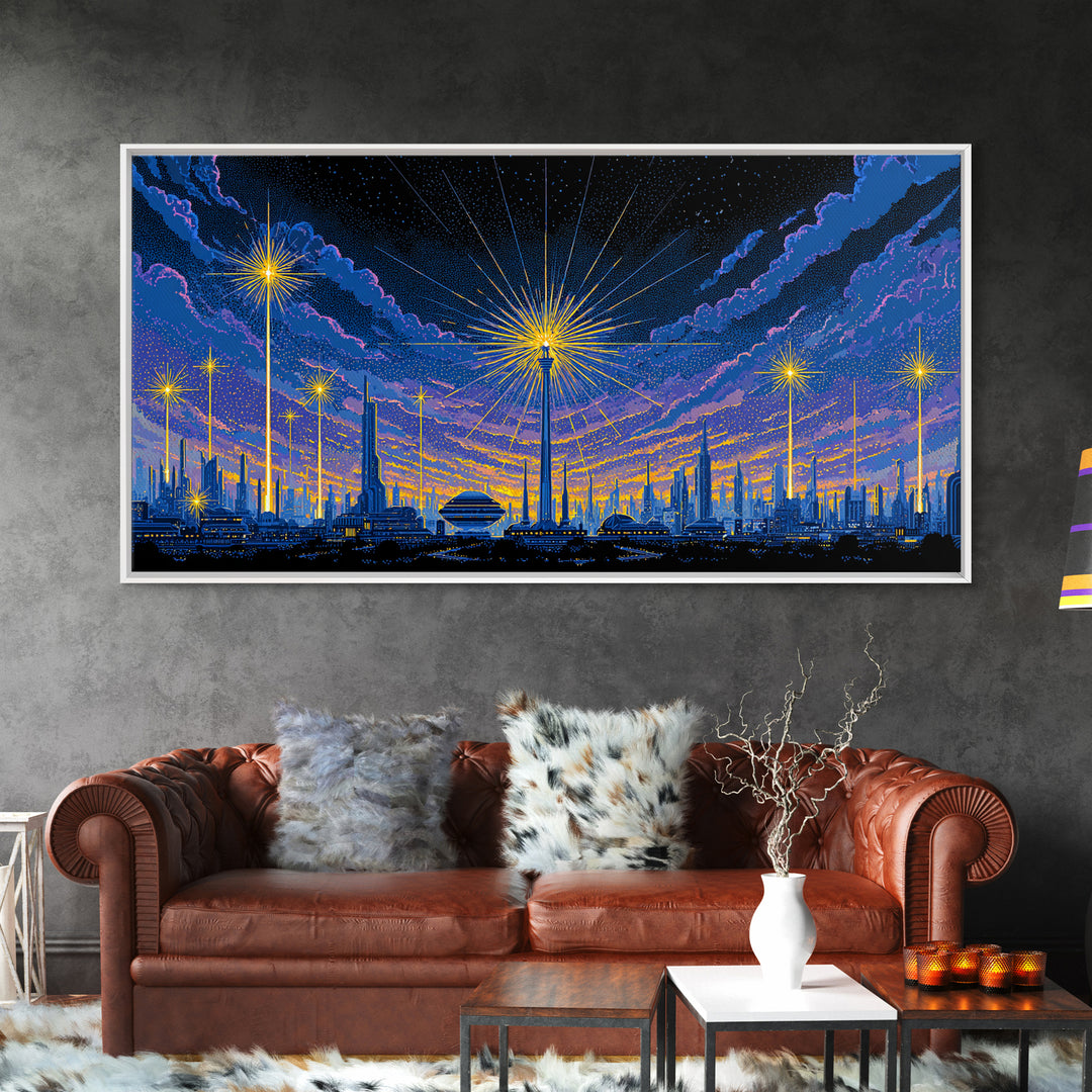 Blue Purple Night Skyline With Starburst Lights Canvas Print, Retro Sci Fi Wall Art, Midcentury Modern Cityscape Decor Poster
