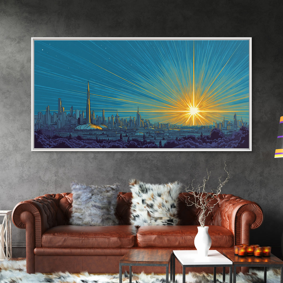 Futuristic Skyline Sunrise With Golden Rays, Mid Century Modern Wall Art, Retro Sci Fi Cityscape Print, Living Room Decor