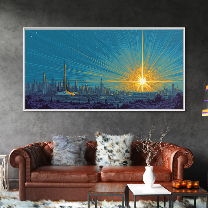 Futuristic Skyline Sunrise With Golden Rays, Mid Century Modern Wall Art, Retro Sci Fi Cityscape Print, Living Room Decor