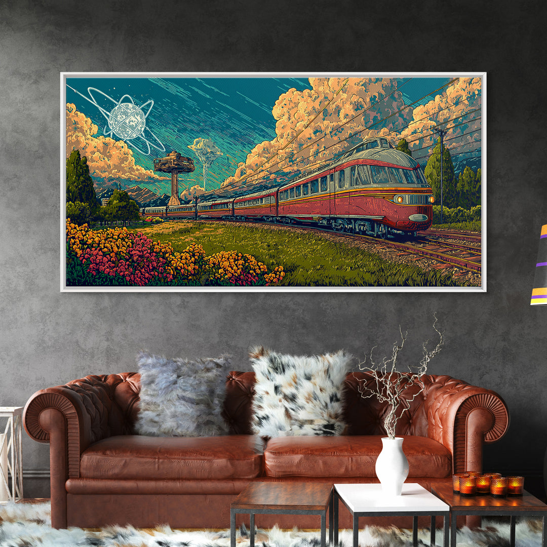 Red Passenger Train Through Flower Fields, Mid Century Modern Wall Art, Retro Travel Poster, Scenic Landscape Decor Print