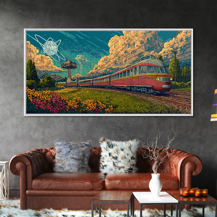 Red Passenger Train Through Flower Fields, Mid Century Modern Wall Art, Retro Travel Poster, Scenic Landscape Decor Print