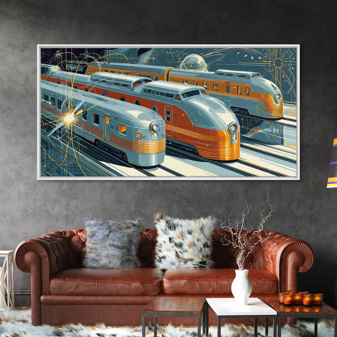 Silver Gold Futuristic Streamliner Trains, Mid Century Modern Wall Art, Atomic Railroad Poster, Retro Transportation Decor