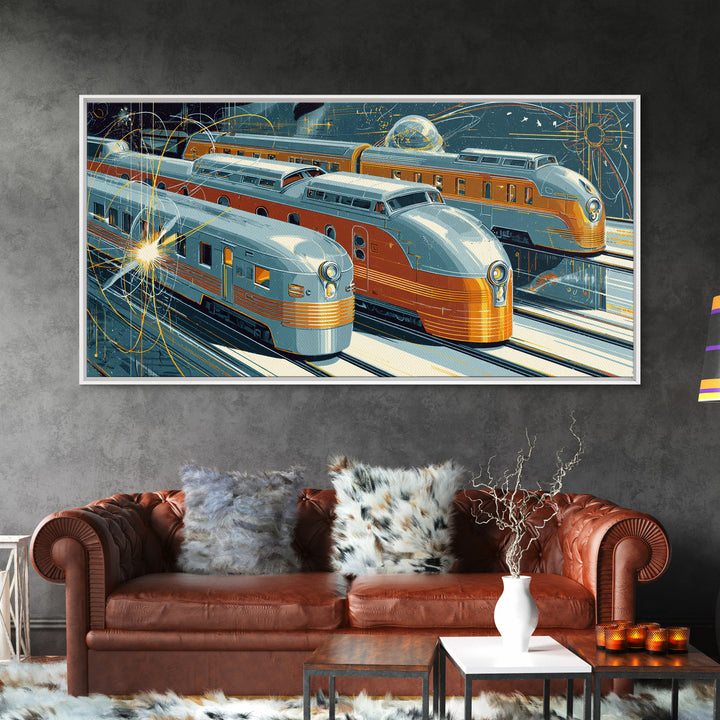 Silver Gold Futuristic Streamliner Trains, Mid Century Modern Wall Art, Atomic Railroad Poster, Retro Transportation Decor