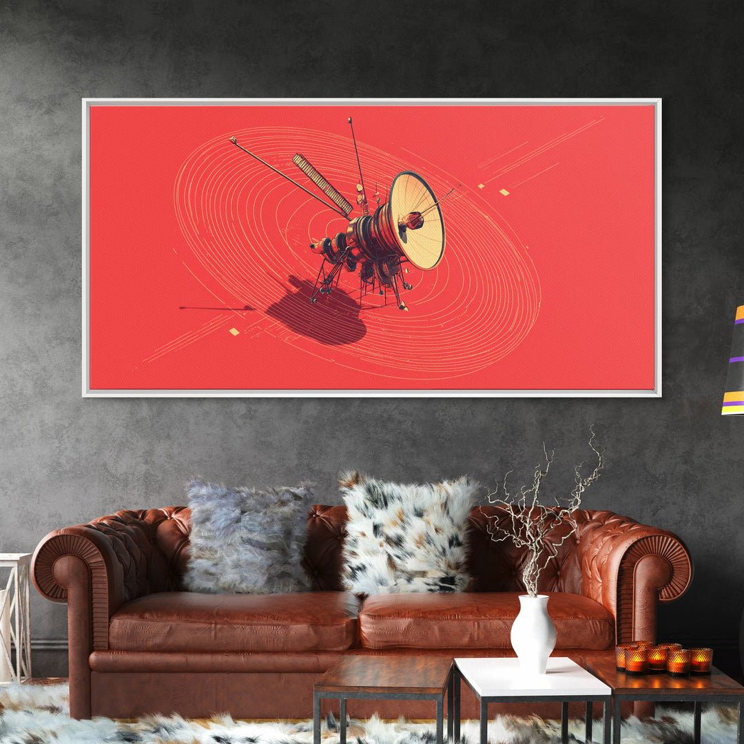 Red Space Probe With Orbital Rings, Mid Century Modern Wall Art, Retro Sci Fi Satellite Poster, Minimalist Space Decor Print