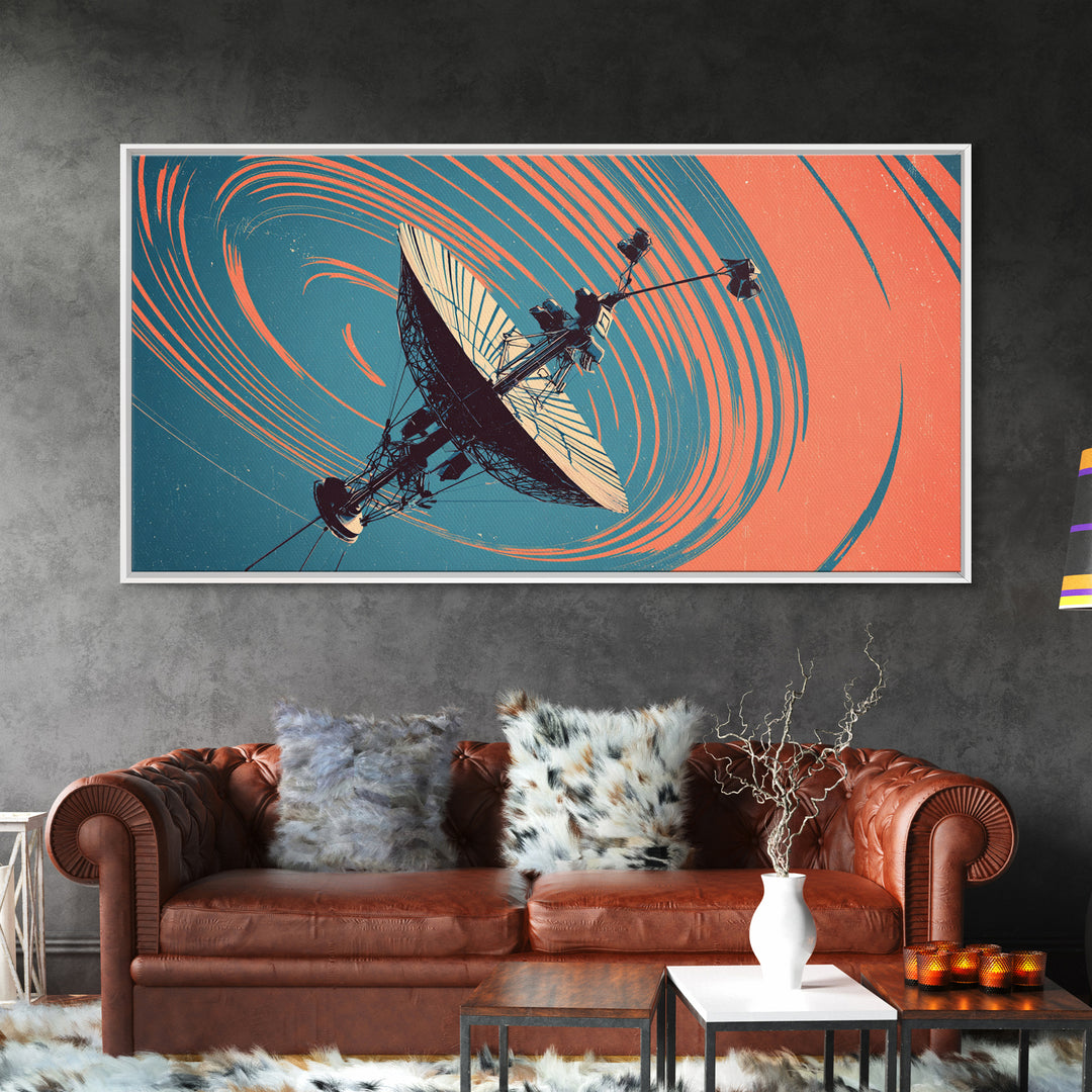 Teal Coral Satellite Dish In Orbit, Mid Century Modern Wall Art, Retro Sci Fi Space Poster, Geometric Abstract Decor Print