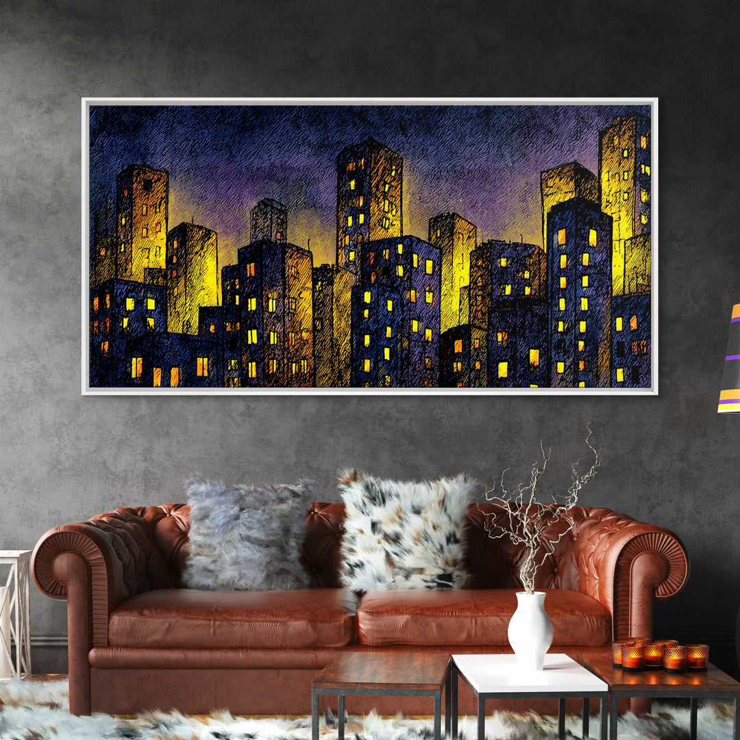 Golden Dusk City Skyline Wall Art, Blue Urban Nightscape, Modern Abstract Art Print, Office Decor, Living Room Wall Decor