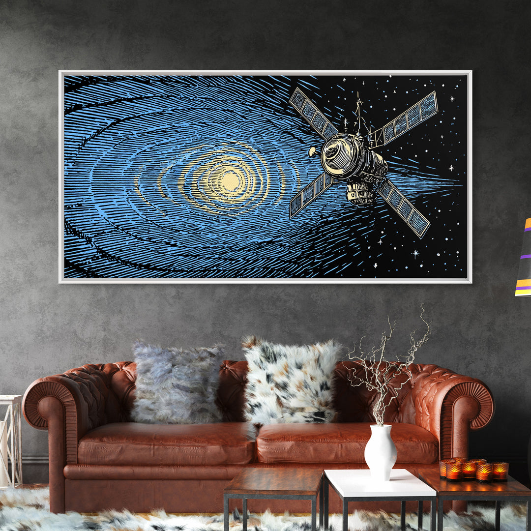 Blue Starfield Satellite With Solar Waves, Mid Century Modern Wall Art, Retro Sci Fi Space Poster, Cosmic Abstract Decor
