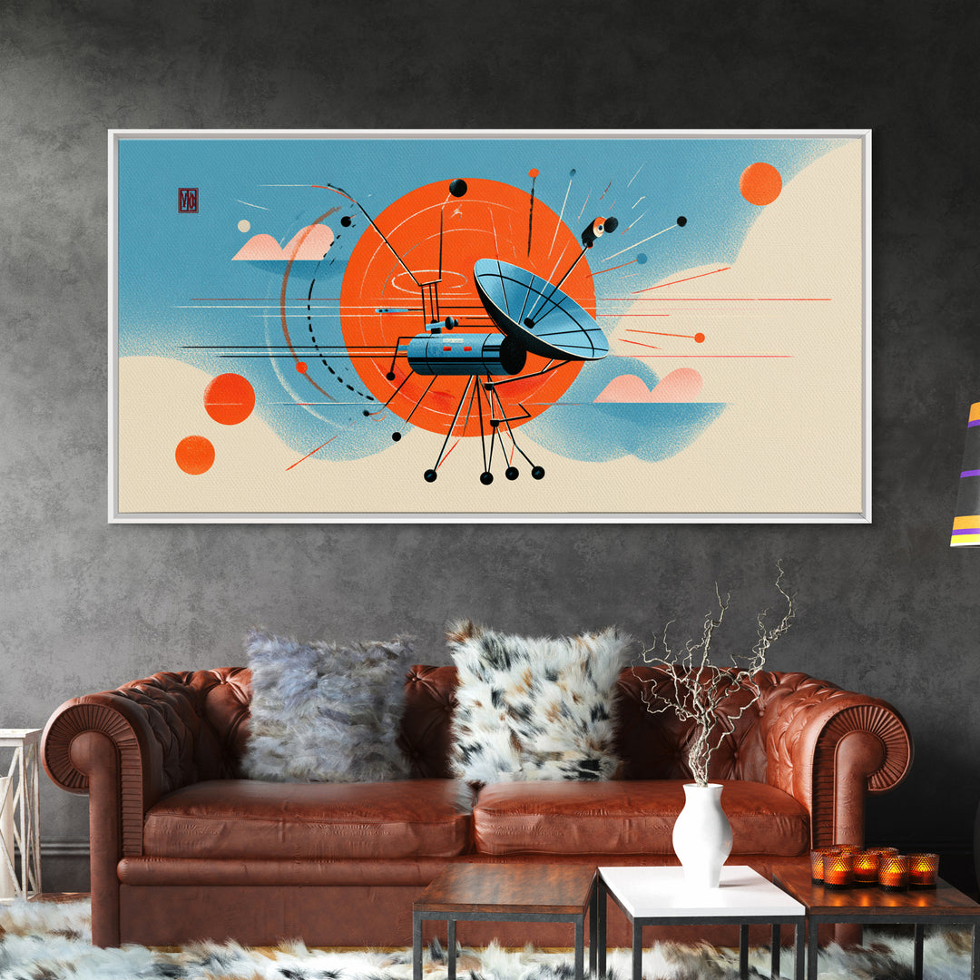 Retro Satellite Dish With Orange Sun Canvas Print, Midcentury Modern Wall Art, Atomic Space Poster, MCM Office Decor Gift