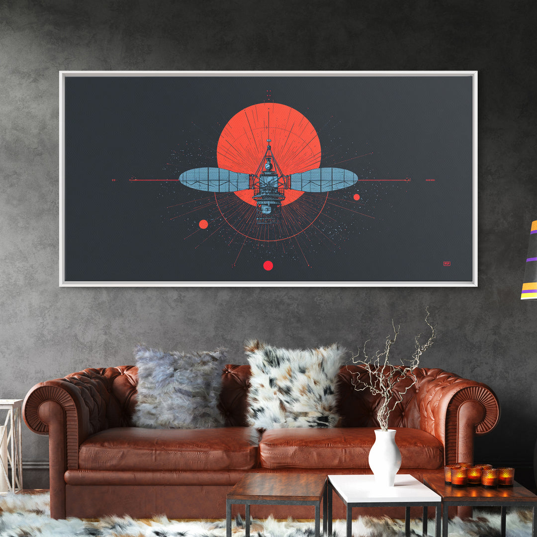 Blueprint Satellite In Crimson Sun Framed Canvas Print, Midcentury Modern Art, Retro Space Wall Decor, Modern Office Poster Gift