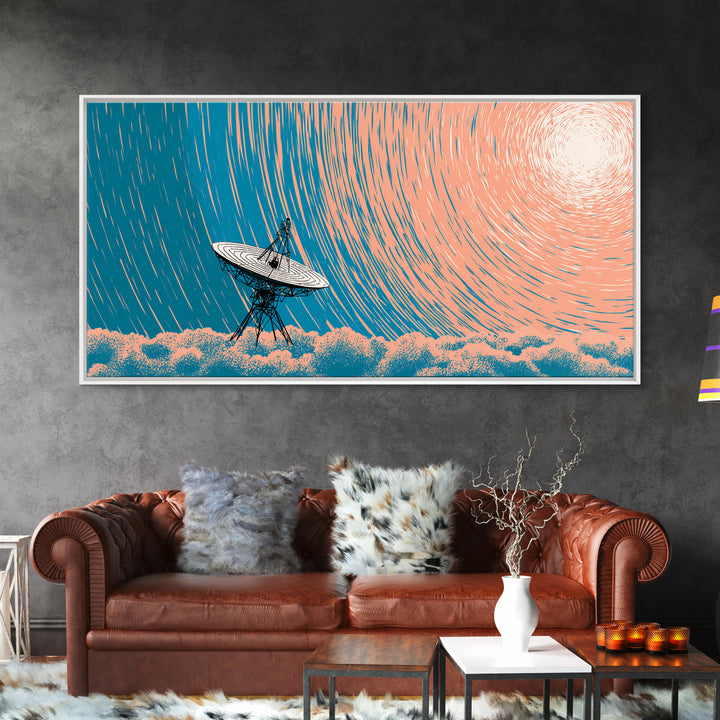 Radio Telescope Under Spiral Star Trails Canvas Print, Midcentury Modern Wall Art, Retro Astronomy Poster, Blue Office Decor