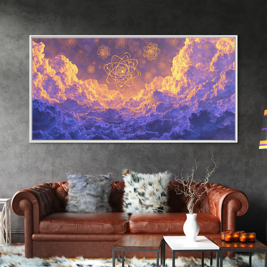 Glowing Atomic Symbols In Purple Clouds Wall Art, Modern Abstract Art Print, Celestial Sky Poster, Colorful Bedroom Decor