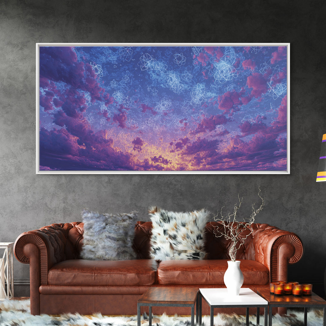 Dreamy Twilight Clouds With Star Diagrams Canvas Print, Modern Wall Art, Blue Purple Celestial Poster, Bedroom Decor Gift
