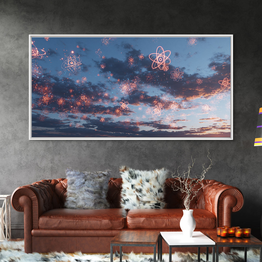 Sparkling Atomic Fireworks Over Dusk Clouds Wall Art, Modern Abstract Art Print, Cosmic Sky Poster, Blue Pink Bedroom Decor