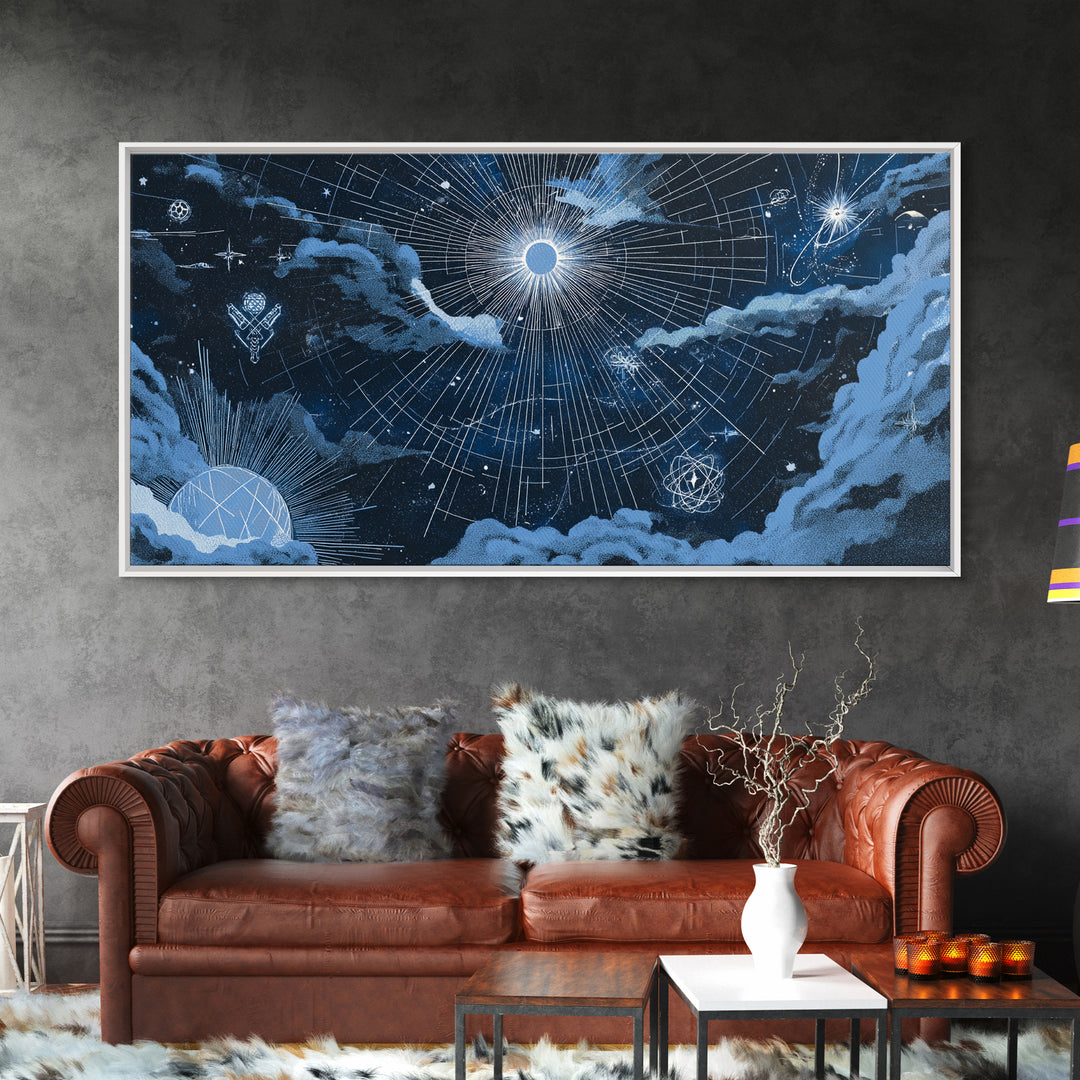 Blue Celestial Grid With Moonlit Clouds Canvas Print, Modern Wall Art, Sci Fi Space Poster, Navy Home Office Decor Gift Print