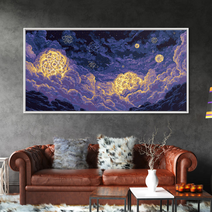 Glowing Atom Clouds In Pixel Night Sky Canvas Print, Modern Abstract Wall Art, Retro Space Poster, Purple Bedroom Decor Gift