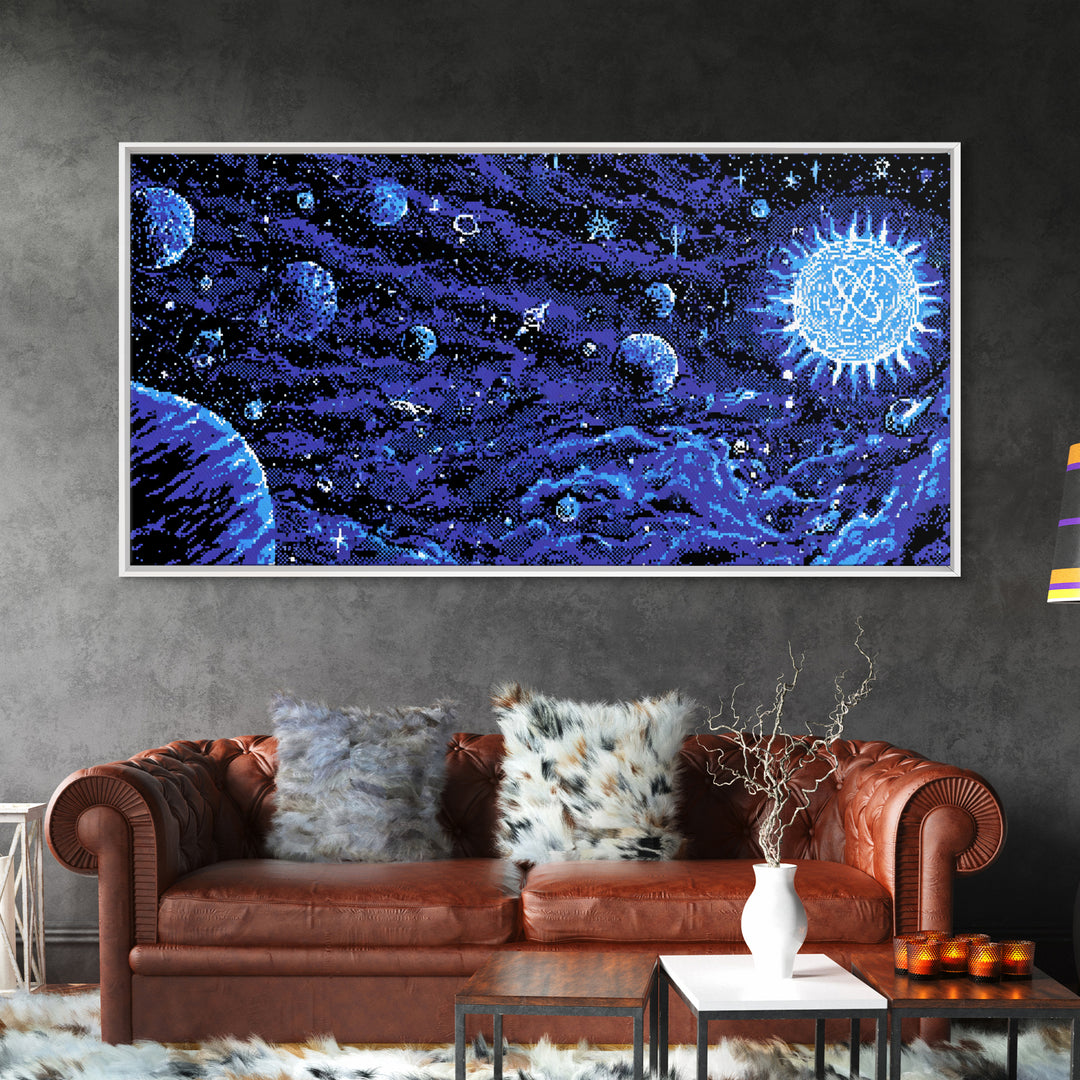Pixel Space Landscape With Blue Planets Wall Art, Retro Sci Fi Poster, Modern Digital Art Print, Cosmic Game Room Decor Gift