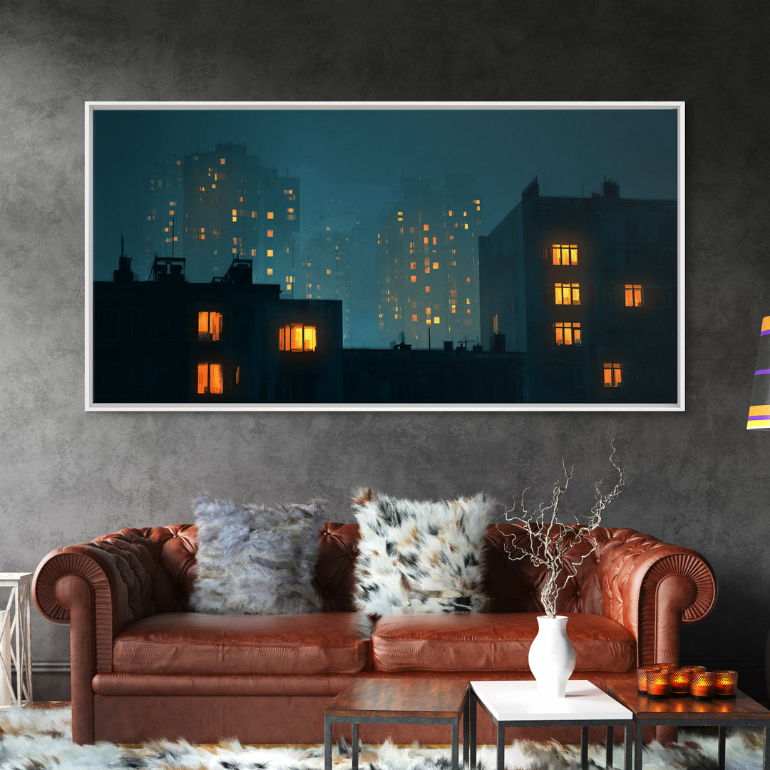 Foggy Teal Apartment Windows Canvas Print, Moody City Nightscape, Modern Wall Art, Urban Bedroom Decor, Home Office Art