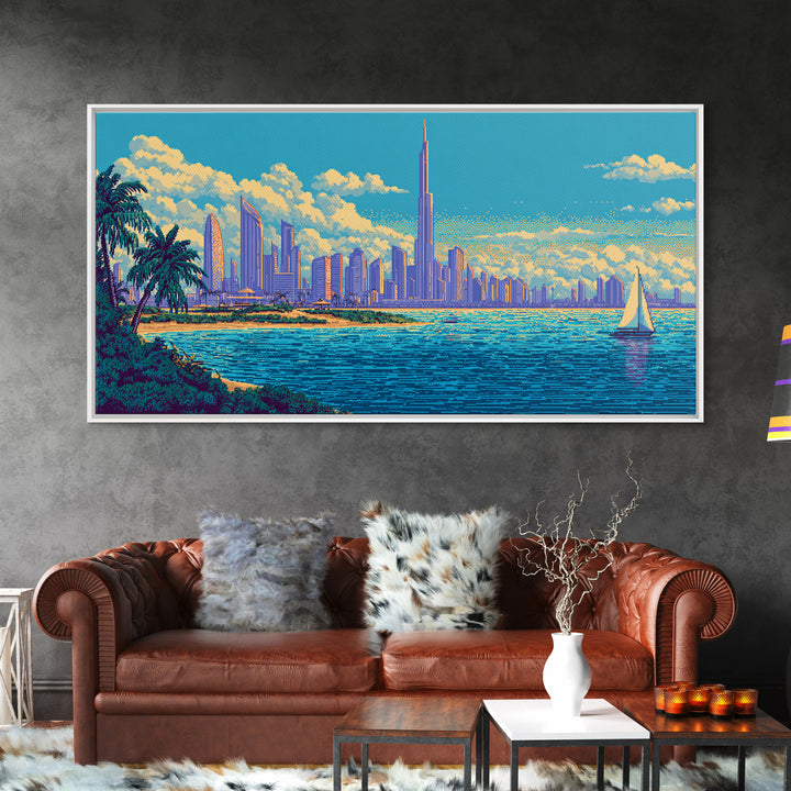 Futuristic Coastal Skyline With Palm Trees Canvas Print, Modern Wall Art, Retro Travel Poster, Tropical Living Room Decor