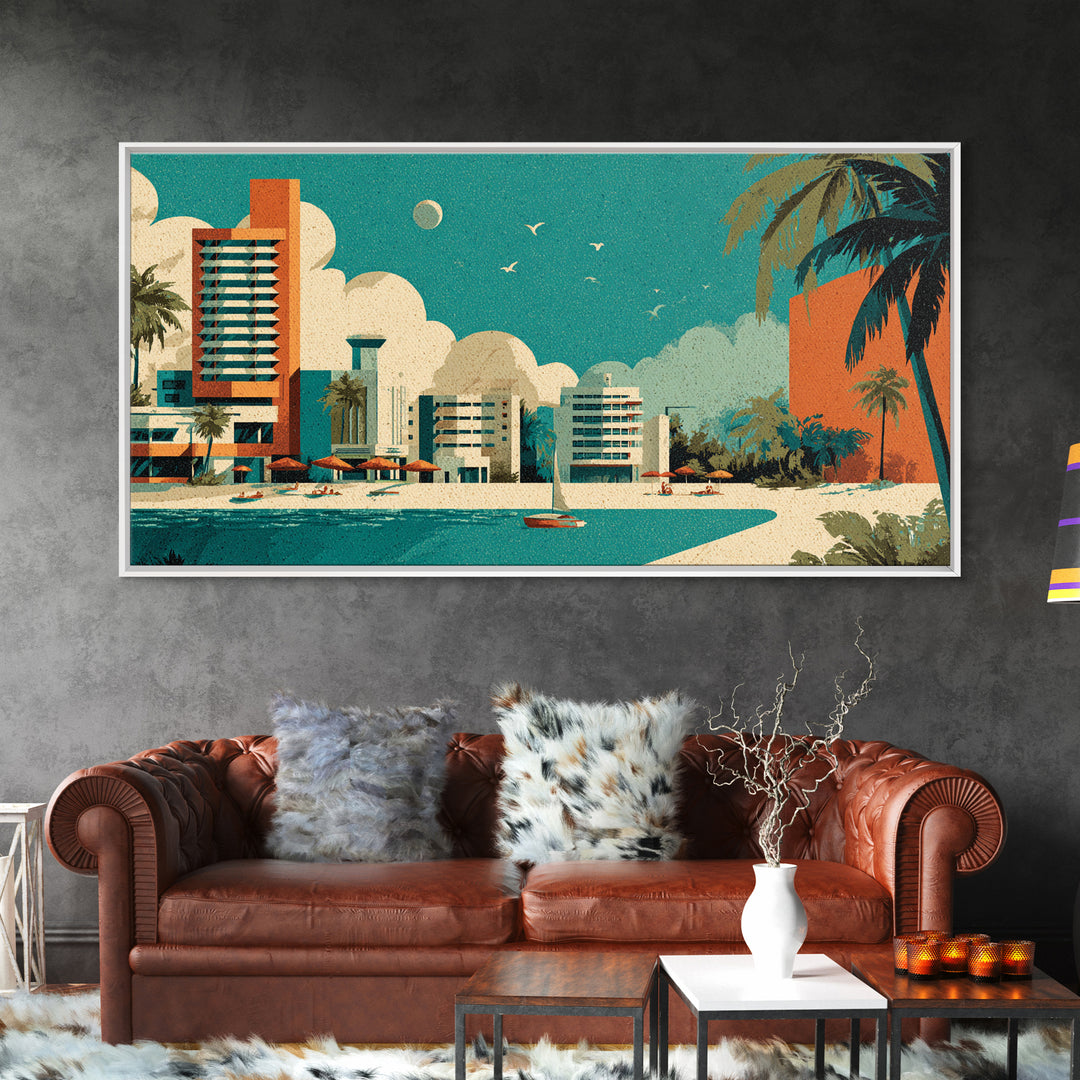 Retro Beachfront Resort With Palms Wall Art, Mid Century Modern Coastal Travel Poster, MCM Decor, Turquoise Lagoon Print