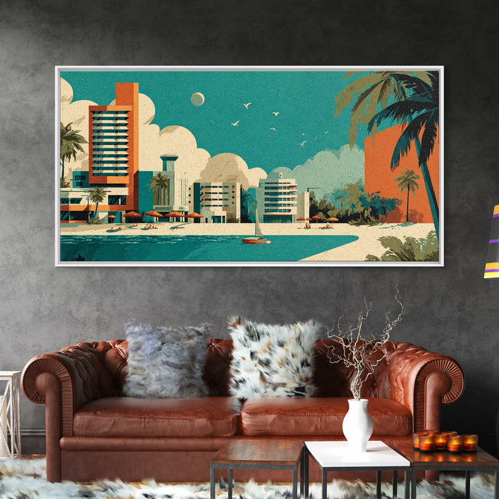 Retro Beachfront Resort With Palms Wall Art, Mid Century Modern Coastal Travel Poster, MCM Decor, Turquoise Lagoon Print